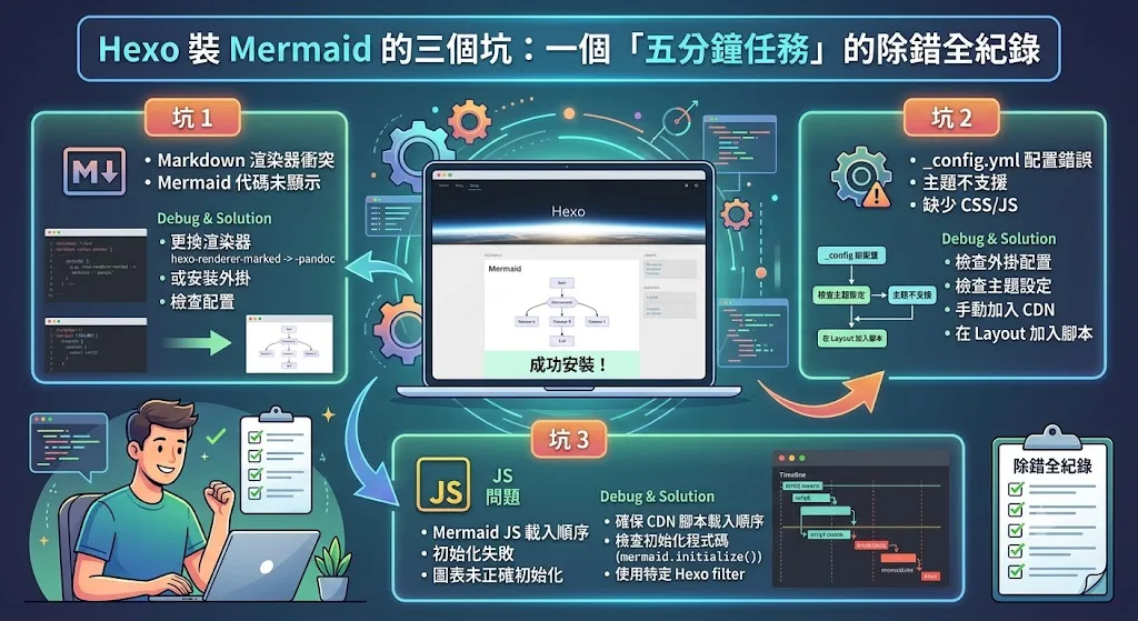 Hexo 裝 Mermaid 的三個坑：一個「五分鐘任務」的除錯全紀錄