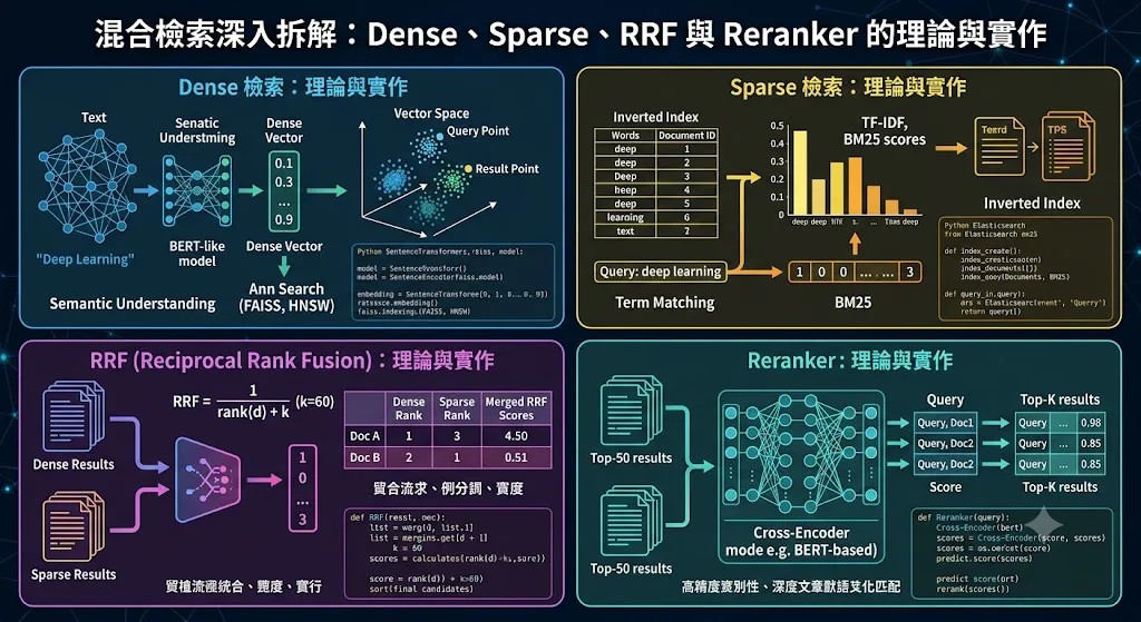 混合檢索深入拆解：dense、sparse、RRF 與 Reranker 的理論與實作